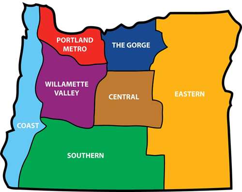 Coast Portland Metro Willamette Valley Gorge Central Eastern Southern